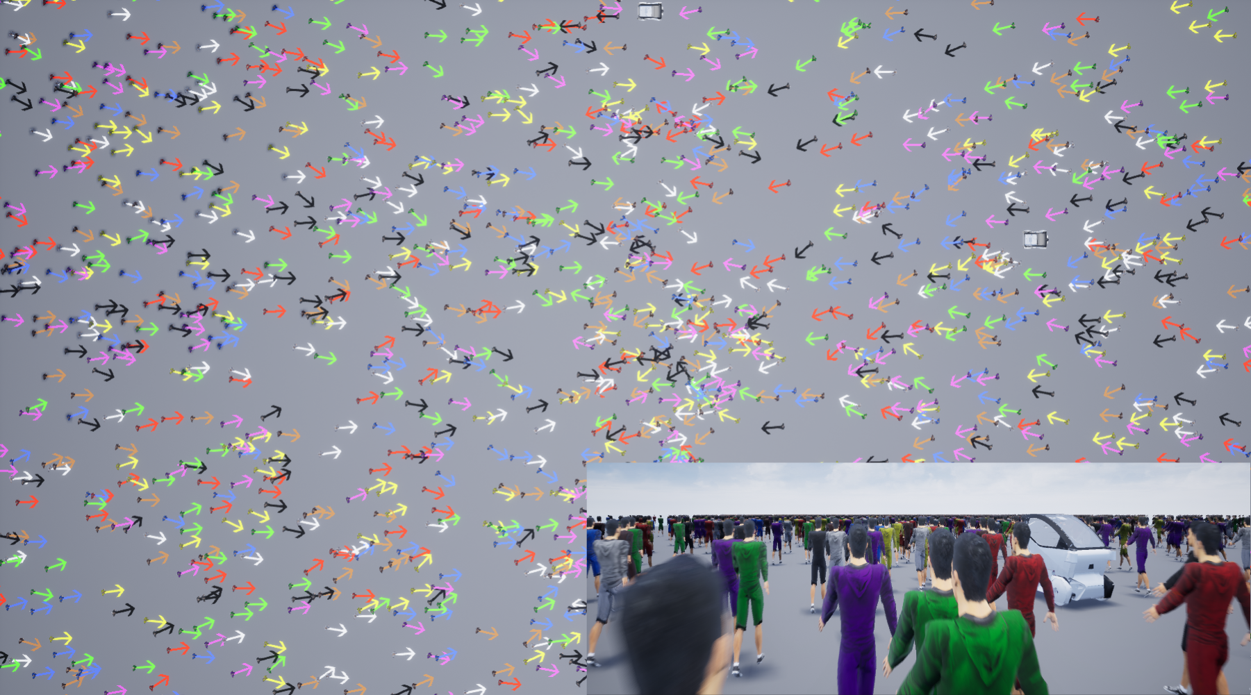 Birds-eye view of a virtual simulation of many thousands of people. Inset image: eye-level view of the same simulation, showing nearby people and an autonomous vehicle.